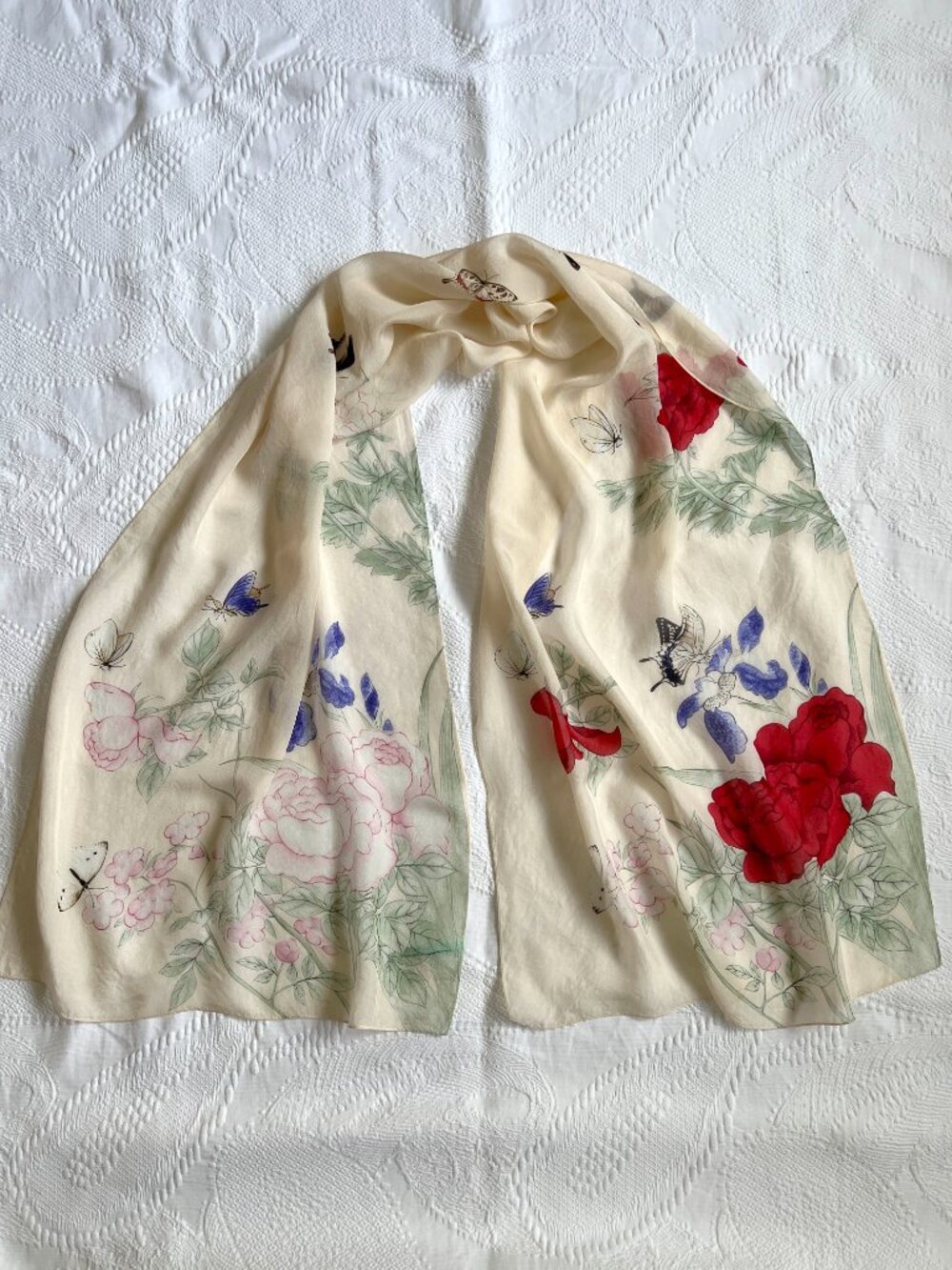 Floral Red & Cream Lightweight 100% Silk Scarf